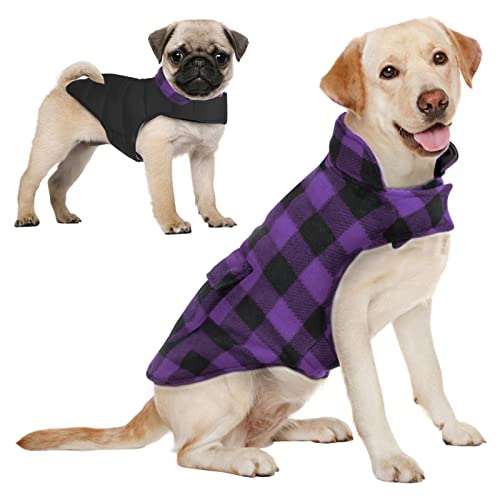 AOFITEE Dog Coat Plaid Dog Winter Coat for Large Dogs, Warm Dogs Jacket Christmas Sweater, Waterproof Pet Puffer Jacket, Reversible Pet Cold Weather Coats for Small Medium Large Pets, Purple XL - color: Purple, size: X-Large