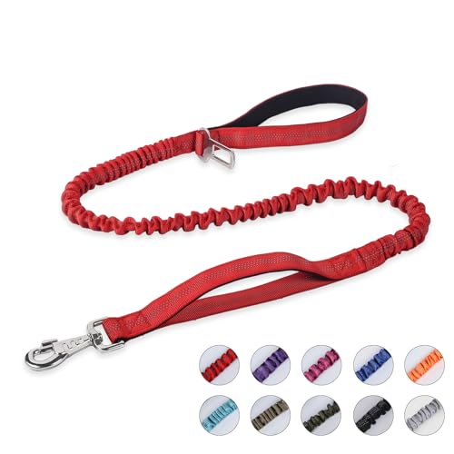 BUMBIN 6Ft Dog Leash Large Dogs, Bungee Dog Leash with 2 Handles, Heavy Duty Dog Leashes for Medium Small Dogs, No Pull Shock Absorbing Dog Leash with Car Seat Belt for Training, Red - color: Red