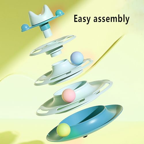 Cat Ball Track Toys, Creative Feather Toy, consisting of 3 Balls and a Feather Stick, Tower-Shaped cat Intelligence Toy, Suitable for Chasing Games with Kittens. (Blue) - color: Blue