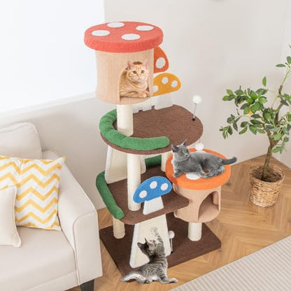 Tangkula Mushroom Cat Tree, Multi-Level Cute Cat Tower with Full-Wrapped Sisal Posts, Scratching Boards & Interactive Balls, 2 Cat Condo, Flower Cat Tree Tower for Indoor Cats Large Adult (57.5 Inch) - size: 57.5 Inch
