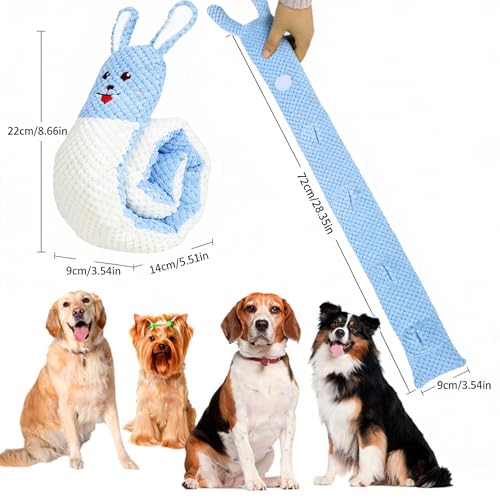 Hide and Seek Plush Dog Toys for Small Medium Dogs, Long Foldable Squeaky Chew Pet Toys with Sounder, Interactive Puzzle Treat Dispensing Machine, Tug of War Snuffle for Indoor Play (Rabbit) - color: Blue Rabbit