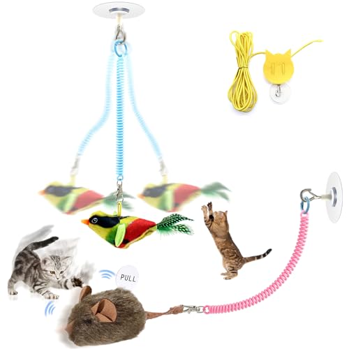 TUGFREE Chirping Bird Cat Toy Set - Interactive Chirping Bird & Squeaky Mouse Toy for Indoor Cats, Motion Activated Kitten Play Toys with Realistic Sound & Feather, 2-in-1 Fun for All Breeds