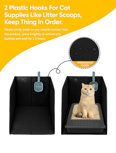 Waterproof Cat Litter Box Enclosure Splash Guard with Removable Mat, Cat Box Enclosure with 2 Hooks for Scoop, Anti-Leakage, Dust Control, Easy to Clean-24.02 x 16.14 x 16.14 inches-Black - color: Black