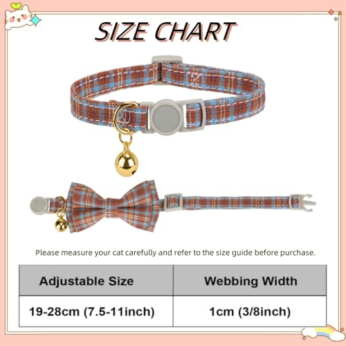 2 Pack Cotton Cat Collar, Removable Bowtie, Plaid Pattern, Safety Breakaway Clasp, Adjustable for Cats.(Adult Cat, Beige and Red) - color: Beige+Red