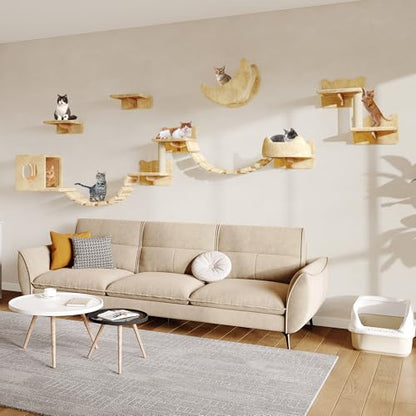 13-in-1 Cat Wall Shelves, Wall Mounted Cats Furniture Set with Plush Fabric, Cat Climbing Wall Systems, Cats Shelf with Moon Hammock, Condo, House, Step, Bridge Ladder, Scratching Post, Beige - color: Beige, size: 13-in-1