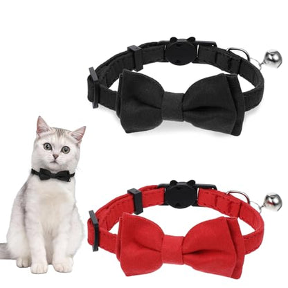 2pcs Red Cat Bowtie Collar, Cat Collar with Bells, Cats Bow Tie, Small Pet Safety Wedding Valentine's Day Basic Pure Color Suede Soft Adjustable 7-13 Inches