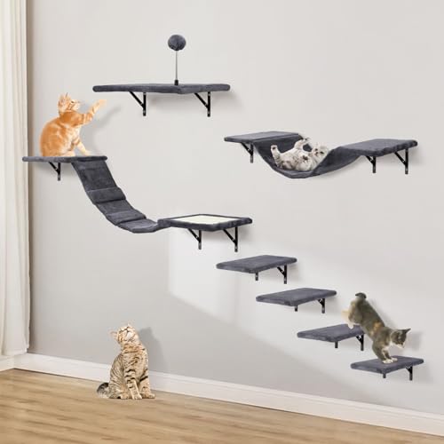 Wall-Mounted Cat Climber Set with Climbing Shelves, Perches, Bridge,Hammock,Scratching Board & Ball - 7 Pcs Wood Indoor Cat Furniture for Kittens Play (Dark Grey) - color: dark grey