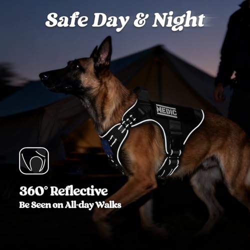 rabbitgoo Tactical Dog Harness Medium Sized, No Pull Upgraded Reflective Heavy Duty Molle Vest with Handle, Adjustable Military Service Dog Vest for Walking Hiking Training, Black, M - color: Black Reflective, size: Medium