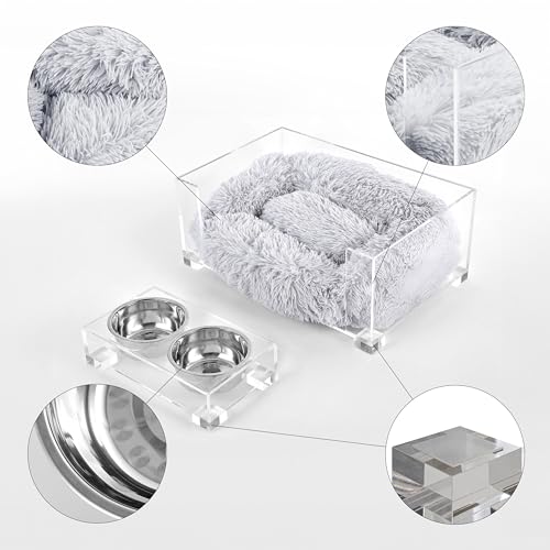 Billie 24" x 15.75" Small Modern Lucite Pet Bed with Washable Cushion and 4" Elevated Pet Feeder with 27 oz 2-Stainless Steel Bowls, Light Gray/Clear (Set of 2) DBD2001A-2SET