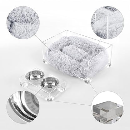 Billie 24" x 15.75" Small Modern Lucite Pet Bed with Washable Cushion and 4" Elevated Pet Feeder with 27 oz 2-Stainless Steel Bowls, Light Gray/Clear (Set of 2) DBD2001A-2SET