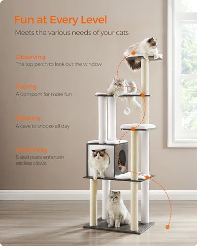 Feandrea Cat Tree, 65-Inch Modern Cat Tower for Indoor Cats, Multi-Level Cat Condo with 5 Scratching Posts, Perch, Washable Removable Cushions, Cat Furniture, Misty Gray UPCT166G03 - color: Misty Gray