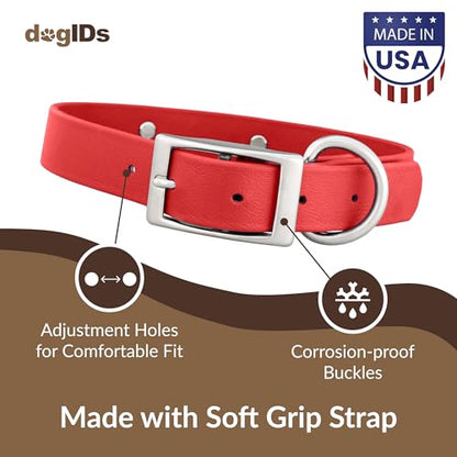 dogIDs Personalized Dog Collar – Custom Waterproof Soft-Grip Biothane with Laser-Engraved Nameplate, Durable & Odor-Resistant, USA Made | Red, 1 in x 16 in (Fits Necks Size 14-18 in) - color: Red, size: 1 in x 16 in (Fits Necks Size 14-18 in)