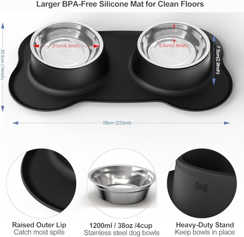 Dog Food Bowls Stainless Steel Dog Bowls with No Spill Non-Skid Silicone Mat, Dog Food and Water Bowl Set, Dog Dishes for Small Medium Large Sized Dogs Pet Food Feeding Bowls, 4 Cup, Black - color: Black, size: 4¾ Cup/38 oz each