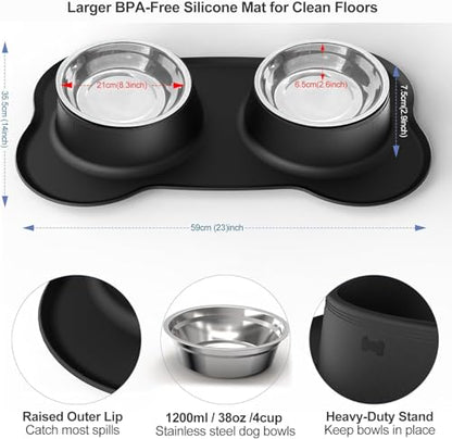 Dog Food Bowls Stainless Steel Dog Bowls with No Spill Non-Skid Silicone Mat, Dog Food and Water Bowl Set, Dog Dishes for Small Medium Large Sized Dogs Pet Food Feeding Bowls, 4 Cup, Black - color: Black, size: 4¾ Cup/38 oz each