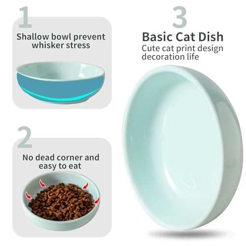5.3 in Ceramic Cat Dishes - Shallow Food Bowls for Small Pets, 3 Pack for Food and Water -Light Blue - color: Light Blue
