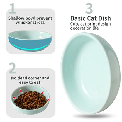 5.3 in Ceramic Cat Dishes - Shallow Food Bowls for Small Pets, 3 Pack for Food and Water -Light Blue - color: Light Blue