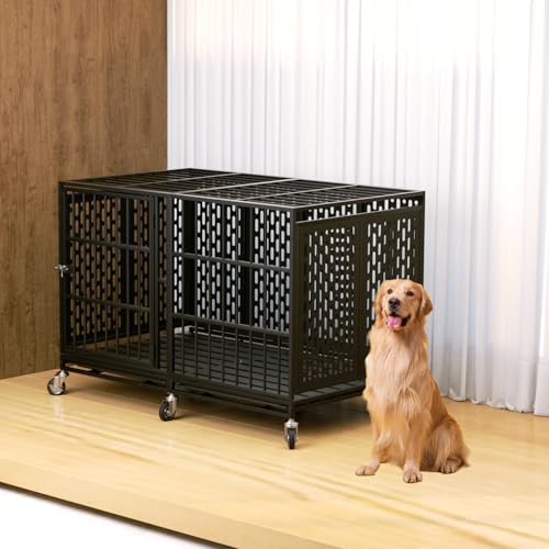 Snuowu 48 Inch Heavy Duty Dog Crate with Wheels, Metal Big Dog Cage for Large and Medium Dogs, Extra Large XL XXL Indestructible Dog Crate with Removable Tray. - size: 47.2"L x 28.9"W x 32.8"H