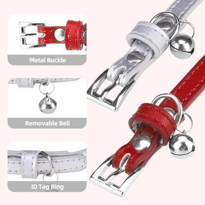 PUPTECK 2 PCS Soft Genuine Leather Cat Kitten Collar with Bells Adjustable for Girl Boy Cats Puppy - Red, Silvery - color: Red&Silvery