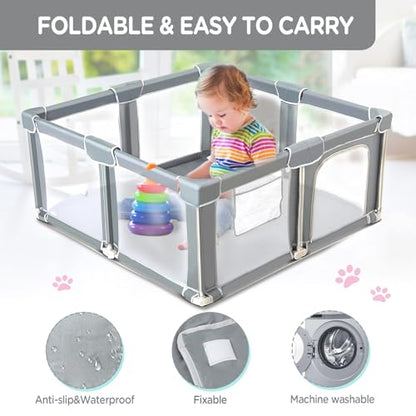 CAPAKIDS Foldable Baby Playpen 59"×71", Out-of-The-Box Ready Playpen for Babies and Toddlers, Portable Play Yard with Breathable Mesh & Gates, Storage Bag & 4 Handlers for Indoor & Outdoor - size: 59"x71"