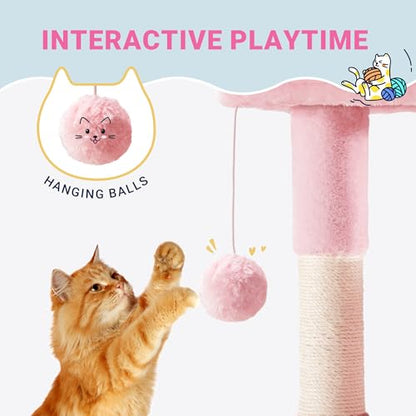 Allewie 29.5in Indoor Cat Tree, Multi-Level Cat Tower with Sisal Scratching Posts, Padded Perch, Basket, Condo, and Hanging Ball, Suitable for Kittens and Adult Felines, Pink - color: Pink