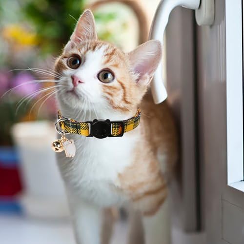 Unique style paws 2 Pack Kitten Collar Breakaway with Bell & Pendant, Adjustable Safety Cat Cotton Collars for Girl Boy Cats and Small Pets - color: brown yellow grid