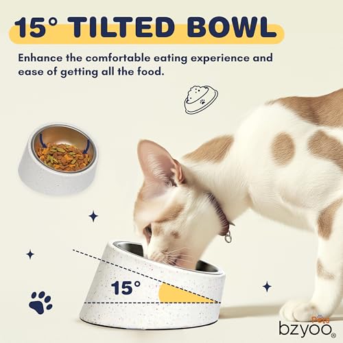 bzyoo 16oz Tilted Dog Bowl for Small Dogs & Cats, 15° Elevated Stainless Steel Pet Feeder, Ergonomic Anti-Vomiting Food Bowl for Frenchie, Pug, Persian Cat, Non-Skid Melamine Stand, Sprinkle (White) - color: White