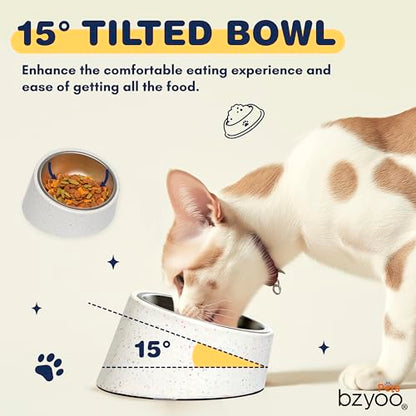 bzyoo 16oz Tilted Dog Bowl for Small Dogs & Cats, 15° Elevated Stainless Steel Pet Feeder, Ergonomic Anti-Vomiting Food Bowl for Frenchie, Pug, Persian Cat, Non-Skid Melamine Stand, Sprinkle (White) - color: White