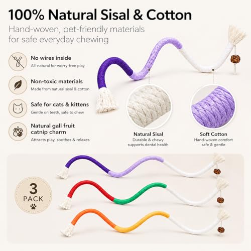 3 PCS Cat Chew Toys Rope Set, 27.56" Natural Sisal & Cotton Rope Cat Toys with Catnip, Pet-Friendly Teething & Oral Care Toys for Indoor Cats and Kittens
