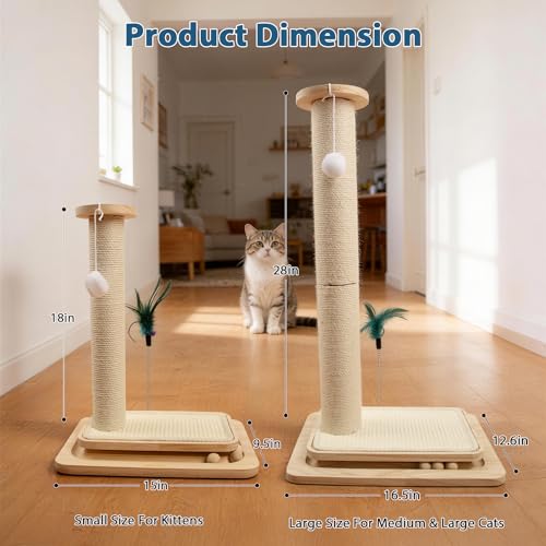 Cat Scratching Post, 5-in-1 Natural Sisal Cat Scratcher with Wood Base, Interactive Ball Track & Spring Feather Toy for Indoor Kittens Small Cats 18" - size: 18 inches