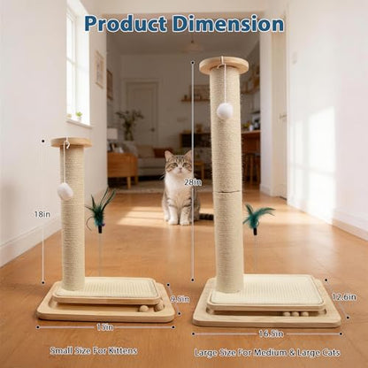 2-in-1 Cat Scratching Post and Pad, 28" Natural Sisal Cat Scratcher for Indoor Cats, Solid Wood Base with Interactive Spring Toy & Dangling Ball, Space-Saving for Indoor Adults Cats - size: 28 inches