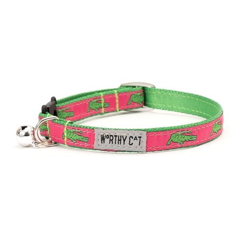 THE WORTHY DOG Alligators Cat Collar with Bell, Adjustable Nylon Safety Collar, Pink, One Size - color: Pink-Alligators
