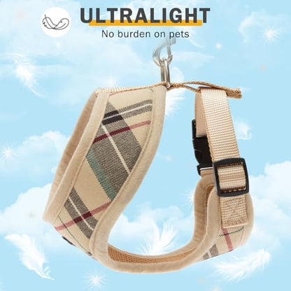 SCENEREAL Puppy Dog Harness with Leash Set for Small Medium Dogs, Soft Mesh Pet Harnesses and Leash, No Chock Plaid No Pull Vest - color: Beige, size: XS: Chest Girth: 10"-14"
