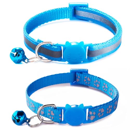 Breakaway Kitten Collar with Bells, [2 Pack] Light Blue Break Away Cat Collar with Bells, Reflective Cat Collar for Boy Cats Kitty - color: Light Blue