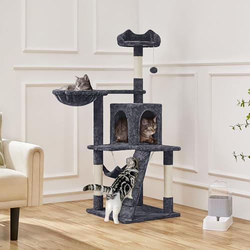 Yaheetech Cat Tree | 54-Inch Multi-Level Cat Tower | with 3 Scratching Posts, Plush Condo, Top Perch, Hammock & Climbing Ladder | Play House | for Indoor Cats | Dark Gray - color: Dark Gray