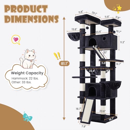 SHA CERLIN 81in Multi-Level Tall Cat Tree Tower for Indoor Kitties/Larger Cat Condo Furniture with Hammock/Cozy Pussycat Perches/Sisal Scratching Posts/Pet House/Wide Base/Dark Grey - color: Dark Grey