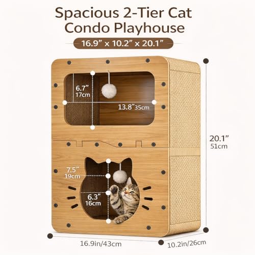 2-Tier Cat Scratcher House with Cardboard Scratch Pads, Indoor Cat Condo Playhouse with Hanging Toys, Cat Hideout & Scratching Furniture for Kittens and Cats