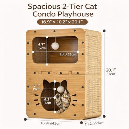 2-Tier Cat Scratcher House with Cardboard Scratch Pads, Indoor Cat Condo Playhouse with Hanging Toys, Cat Hideout & Scratching Furniture for Kittens and Cats