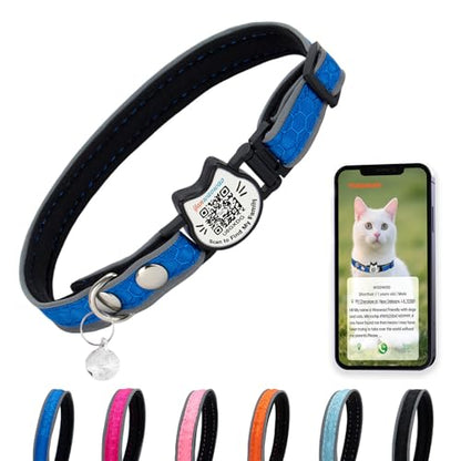 Cat Collar with Bells Reflective Cat Collars Breakaway with Oxford Cloth Soft Padding Adjustable Kitten Collar with QR Code(Blue) - color: Blue