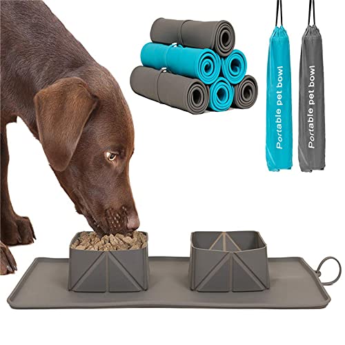 Pet Dog Cat Bowls, Double Bowl with No Spill Non-Skid Silicone Mat, Outdoor Pet Folding Portable Dog Bowl, for Feeding Small Medium Large Dogs Cats Puppies…(Color:Gray)
