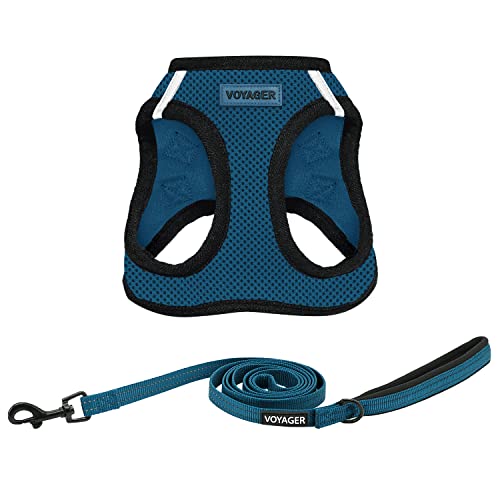 Best Pet Supplies Voyager Step-in Air All Weather Mesh Harness and Reflective Dog 5ft Leash Combo with Neoprene Handle, for Small, Medium and Large Breed Puppies - Set (Blue/Black Trim), Small - color: Harness Leash Bundle (Blue/Black Trim), size: S (Ches