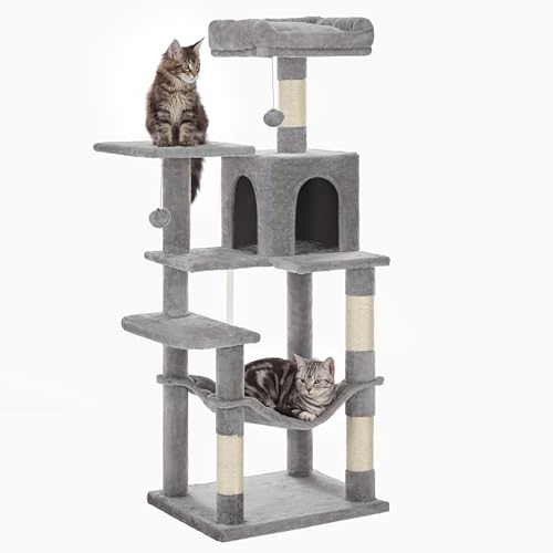 SONGMICS HOME Cat Tree for Indoor Cats, Multi-Level Cat Tower with Sisal Scratching Posts, Hammock and Condo, Light Gray - color: Light Gray, size: 54.4 Inches