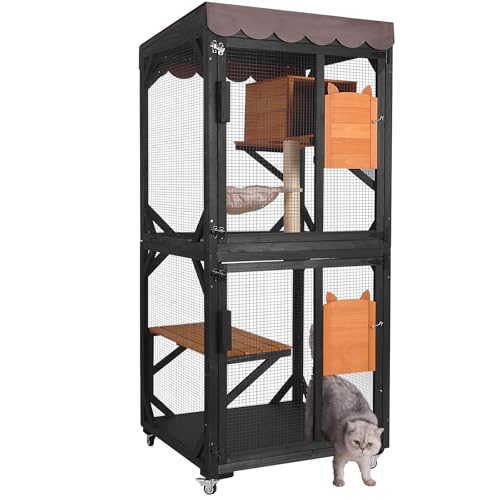 Aivituvin Outdoor Catio Cat Enclosures on Wheels Cat House 70.9" Large Kitty House with Upgraded Resting Box,Waterproof Roof Cover,Brown