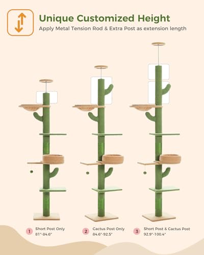 PETEPELA Floor to Ceiling Cat Tree [87"-100"] Height Adjustable, 5 Levels Cactus Cat Tower with Perch&Replaceable Hammock(Visible Acrylic Bowl), 4.1" Super Robust Cat Scratcher, Cactus Green