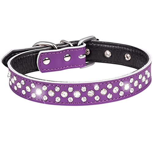 Rhinestones Dog Collar, Adjustable Sparkly Crystal Studded Genuine Leather Pet Dog Collar for Small and Medium Dogs (Purple, S) - color: Purple, size: Small