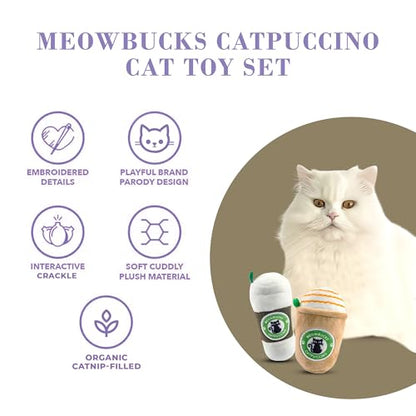 Haute Diggity Kitty Meowbucks Catpuccino Set, Plush Cat Toys Catnip Filled with Interactive Crackle Sound, Safe & Durable Toys for Cat & Kitten, 2 Pcs - style: Meowbucks Duo