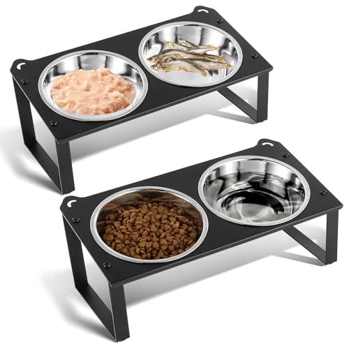 2 Set Elevated Cat Food Water Bowls, 4 Stainless Steel Bowls for Indoor Pet with Cute Metal Stand, 10° Tilted Anti-Vomiting Wide Shallow Raised Cat Dishes Whisker Friendly for Multiple Kitten,Puppy - color: Black- 2pack