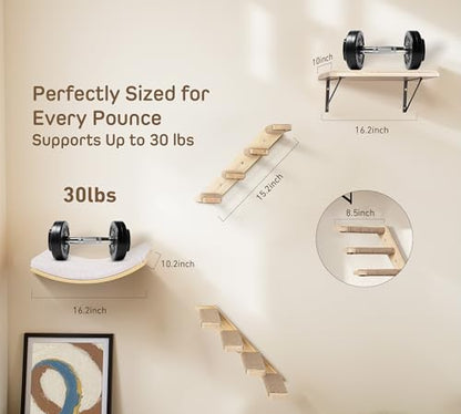 Cat Wall Shelves with Cats Window Perch – 4-Piece Wooden Cat Climbing Furniture Set with Soft Foam Curved Bed, Flat Shelf & 2 Wall 4-Steps Ladders - color: Foam/Felt-Wood, size: 1 Curved Bed 1 Shelf 2 Ladders