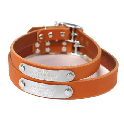 Handmade Personalized Bridle Leather Dog Collar, Engraved Stainless Steel Nameplate (Orange) - color: Orange