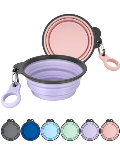 Aonkey Collapsible Dog Bowls with Bottle Carrier, 2 Pack Travel Dog Water Bowl Upgraded Carabiner, One-piece Molded Rim No Fall Off or Crack, Foldable Silicone Portable for Pets Walking Hiking 15oz - color: 4. Light Violet & Pink, size: Small (Pack of 2)