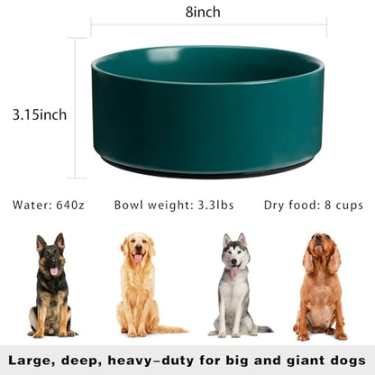 Large Dog Bowls, Non Slip Heavy Ceramic Dog Food and Water Bowl with Silicone Base, 8" Pet Feeding Bowl for Small, Medium, and Big Dogs (Green, 8 Inches) - color: Green, size: 8 Inches